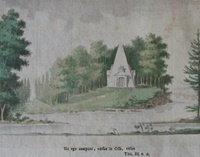 Carl Gotthard Langhans: „Gegenwärtige Zeichnung ist der Entwurf zu einem Monument,
welches auf einen freyen Platz, einer Anhöhe eines Kirchhofes oder Gartens erbauet
werden könte“, Kolorierter Kupferstich (1784)