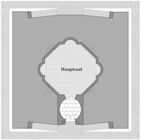 Grundriss von Vorraum und Hauptsaal. Im oktogonalen Hauptsaal mit gleichlangen Seiten befinden sich Nischen, in denen ursprünglich Skulpturen standen.