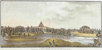 „II. Ansicht von Gartzau - Landschaft zwischen Berlin und Frankfurt an der Oder, die dem Obristen Graf von Schmettau gehört“
Blick über den Kleinen Haussee zur Pyramide. Kolorierter Stich von Carl Benjamin Schwarz, gezeichnet nach der Natur von Friedrich Genelly (um 1790)