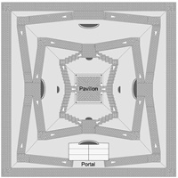 Der quadratische Pyramidensockel, die schräg nach oben verlaufenden Rampen mit ihren Wendepodesten sowie die zum Pavillon führenden Treppen sind in der Draufsicht dargestellt