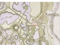 Ausschnitt aus dem Gartenplan: 
Auswahl wichtiger Punkte im zentralen Gartenbereich, die Ziffern des Originalplans sind hervorgehoben. 1: Herrenhaus, 3: otahitisches Badehaus, 7: offenes Borkenhaus, 8: Insel mit Gedenkurne für die Mutter des Grafen, 9: Grotte mit Minervabüste, 
13: Grotte/Wildkeller, 14: Pyramide